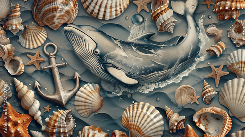 Background of shells on the sand, whale and anchors.