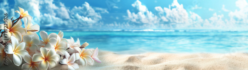 Tropical Beach Panorama with Plumeria Flowers on Sand. copy space. Generative AI