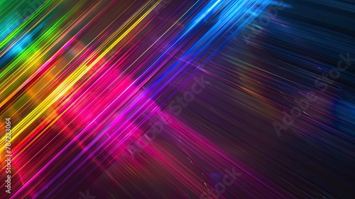 Black background with rainbow flare and speed light. Colorful light on dark background