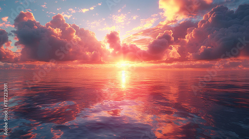 A magnificent sunrise unfolds, casting a soft, golden light over the tranquil waters below, while the clouds catch fire with hues of pink and orange, all captured flawlessly