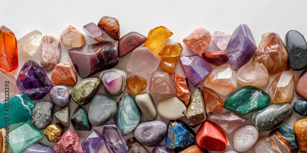 A rich variety of multicolored polished gemstones laid out in an organic pattern, displaying texture and luxury A rich variety of multicolored polished gemstones laid out in an organic pattern, displaying texture and luxury