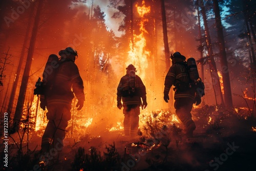 An intense, vibrant image of firemen heroically confronting a massive forest inferno with towering flames