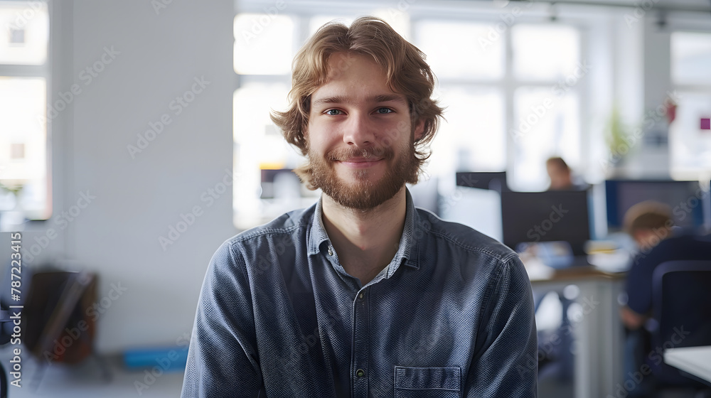 Obraz premium Portrait of male software developer smiling at camera while sitting at workplace in office copy space : Generative AI