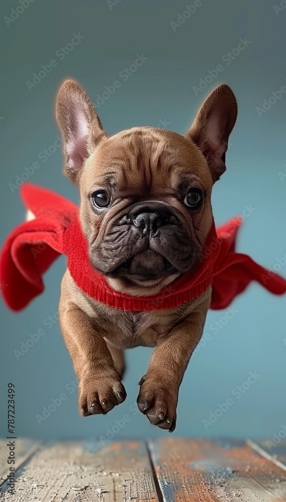 Cute puppy in superhero outfit flying in empty space on blue background, portraying funny super dog