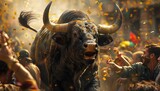 Bull Market Celebration, Illustrate scenes of investors celebrating and cheering in response to a bull market, with rising stock prices and positive sentiment