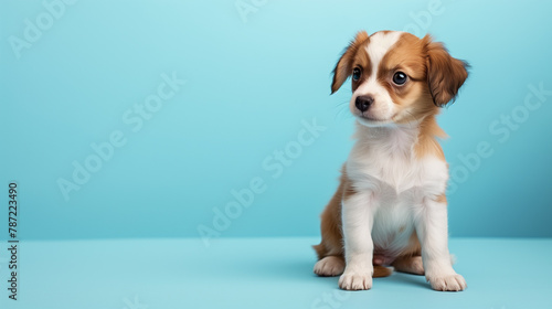 Cute little puppy dog on light blue background © Aliona Manakova