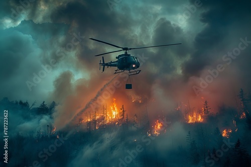 A gripping view of a helicopter fighting a fierce wildfire against a backdrop of smoke and fire in the forest