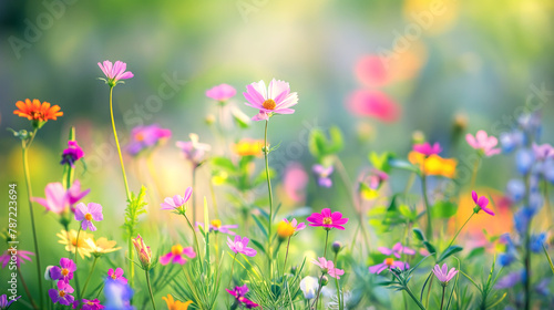 Vibrant Wildflowers Basking in Soft Sunlight with a Bokeh Background. Generative AI © Volodymyr