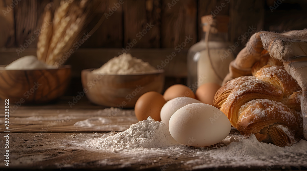 Aesthetic composition with pastry eggs and flour on wooden background Homemade pastry in rustic style Wooden background with ingredients and copy space Vintage composition with pastry : Generative AI Aesthetic composition with pastry eggs and flour on wooden background Homemade pastry in rustic style Wooden background with ingredients and copy space Vintage composition with pastry : Generative AI