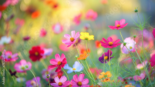 Vibrant Wildflowers Basking in Soft Sunlight with a Bokeh Background. Generative AI © Volodymyr