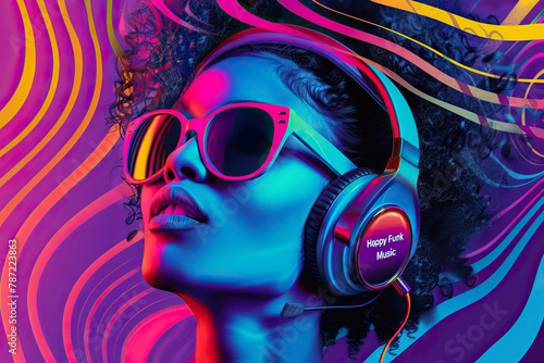 Disco, funk and soul. Musical lifestyle background. African American funky woman wearing headphones. Fashionable hippie girl