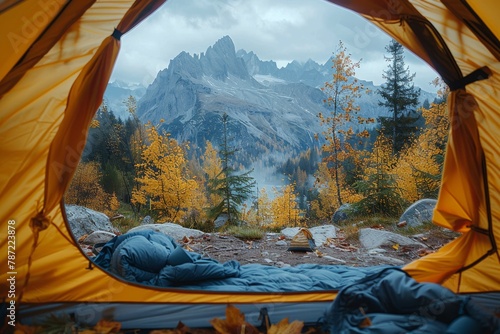 The perspective from inside a yellow tent looking out to a serene mountain landscape with autumn foliage
