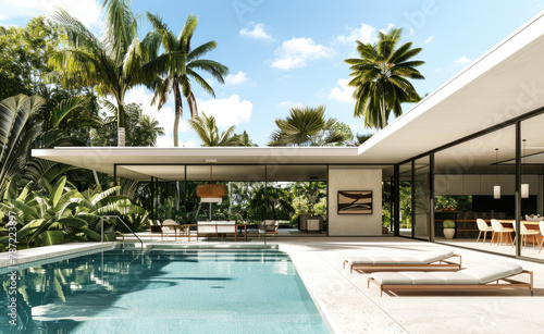 the exterior front view of a modern minimalist white house with large windows and a courtyard, featuring outdoor seating around a pool in Florida on a sunny day. © Kien