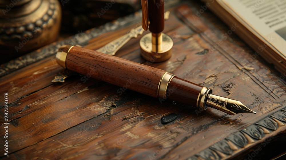 An elegant fountain pen with a gold nib rests on a rich mahogany wood surface, symbolizing sophisticated writing, vintage stationery, and timeless craftsmanship. An elegant fountain pen with a gold nib rests on a rich mahogany wood surface, symbolizing sophisticated writing, vintage stationery, and timeless craftsmanship.