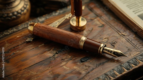An elegant fountain pen with a gold nib rests on a rich mahogany wood surface, symbolizing sophisticated writing, vintage stationery, and timeless craftsmanship.