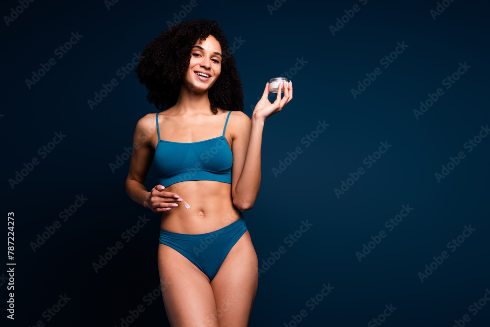 No retouch photo of sweet adorable lady underwear lingerie apply lotion loving herself empty space isolated blue color background - obrazy, fototapety, plakaty 