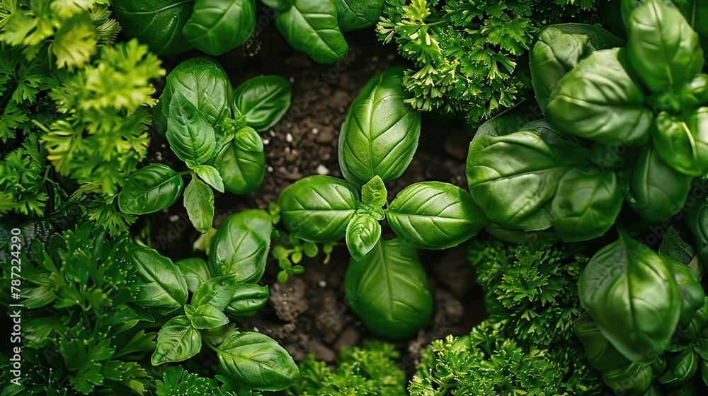 A vivid depiction of a lush herb garden showcasing the vibrant greens of basil and parsley in a natural setting, perfectly suited for culinary themes or botanical studies. A vivid depiction of a lush herb garden showcasing the vibrant greens of basil and parsley in a natural setting, perfectly suited for culinary themes or botanical studies.