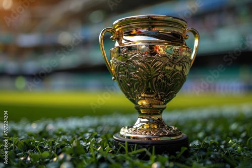 A detailed image of a gleaming gold trophy cup displayed prominently on a field of lush green grass, symbolizing victory and achievement in sports