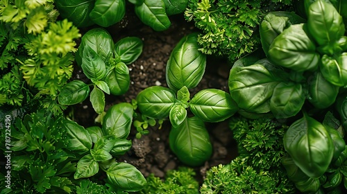 A vivid depiction of a lush herb garden showcasing the vibrant greens of basil and parsley in a natural setting, perfectly suited for culinary themes or botanical studies. photo