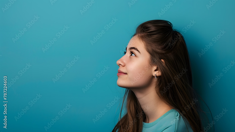 Profile side view portrait of attractive cheerful girl demonstrating copy space ad new isolated over bright blue color background : Generative AI Profile side view portrait of attractive cheerful girl demonstrating copy space ad new isolated over bright blue color background : Generative AI