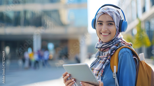 Portrait Of Smiling Arab Female Student In Wireless Headphones Using Digital Tablet Outdoors Cheerful Middle Eastern Woman With Backpack Resting With Modern Gadget After College Classe : Generative AI photo