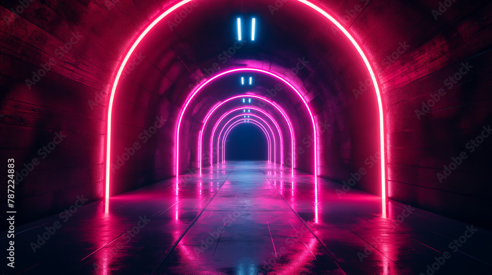 neon-lit futuristic tunnel with reflective floor. Generative AI	
