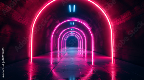 neon-lit futuristic tunnel with reflective floor. Generative AI 
