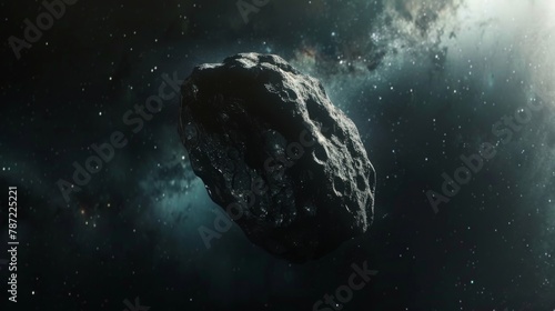 Asteroid floating silently in the void of space, against the backdrop of inky darkness