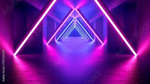 neon-lit futuristic corridor with triangular geometric patterns. Generative AI 