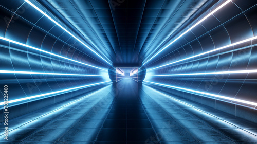 Futuristic Blue Neon Lighted Tunnel with Reflective Floo. Generative AI		 photo