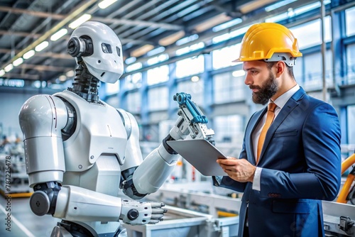 male engineer instructs robot to do work photo