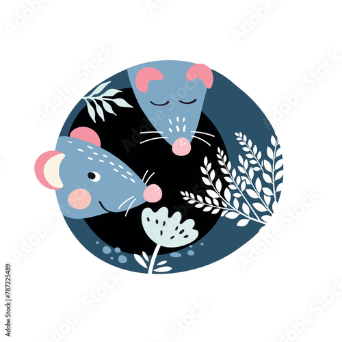 Mice look out of a hole. Cute children's illustration.