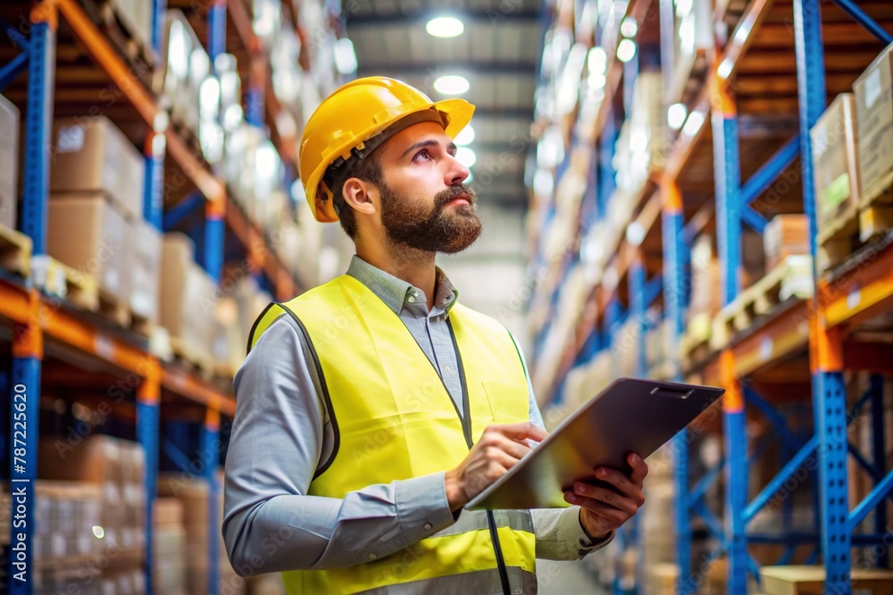 a worker checks goods in a warehouse and checks them a worker checks goods in a warehouse and checks them