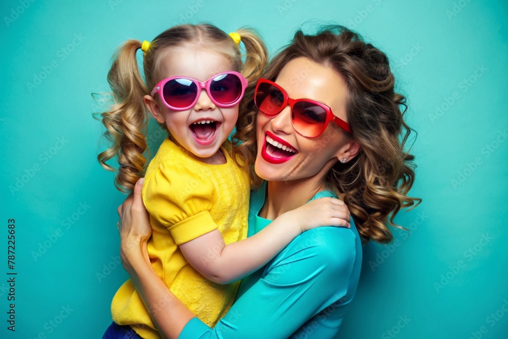 fashionista girl with a girl in her arms, bright emotions of joy and happiness, on a light green background fashionista girl with a girl in her arms, bright emotions of joy and happiness, on a light green background