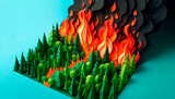 Vivid paper art of a forest fire, depicting the intensity and danger of wildfires, perfect for environmental campaigns and educational use to raise awareness.