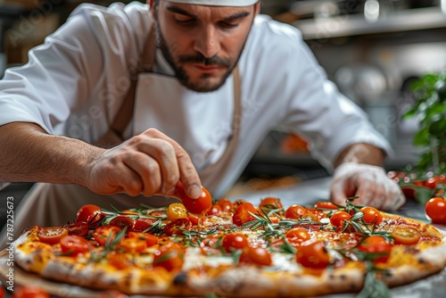 A close-up of a chef's hands as he meticulously decorates a pizza with cherry tomatoes