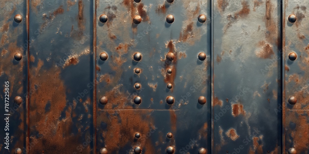 This image captures the aged and weathered texture of a corroded metal door, adorned with rivets, expressing a sense of time's effect