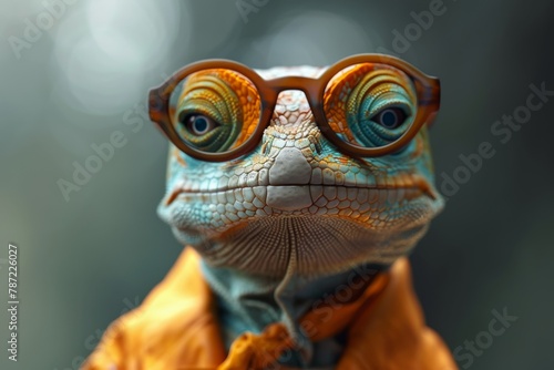 A digitally created gecko with detailed scales donning vibrant orange glasses and a contemplative expression