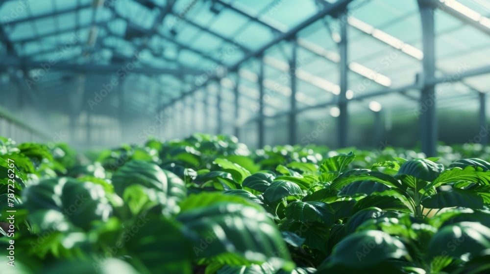 Agriculture on a picturesque backdrop with a greenhouse filled with lush green crops Agriculture on a picturesque backdrop with a greenhouse filled with lush green crops