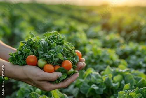 Hands carefully cradle a bunch of vibrant, ripe tomatoes and fresh green lettuce leaves in the middle of a lush farm