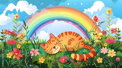 Peaceful Garden Scene with Contented Cat Eating Grass under Vibrant Rainbow