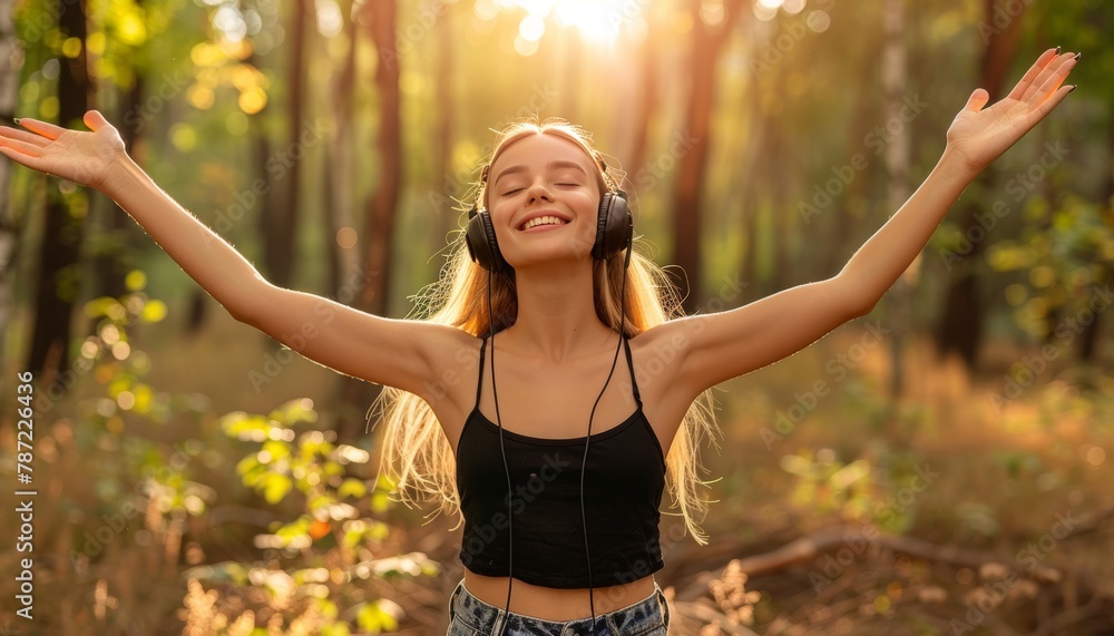 Caucasian female athlete listening to music with headphones while exercising outdoors