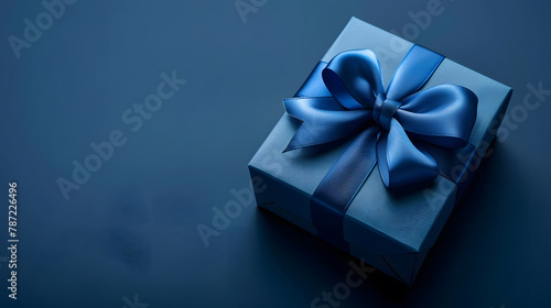 small Luxury gift box with a blue bow on dark blue Side view monochrome Fathers day or Valentines day gift for him Corporate gift concept or birthday party Festive sale copy space : Generative AI