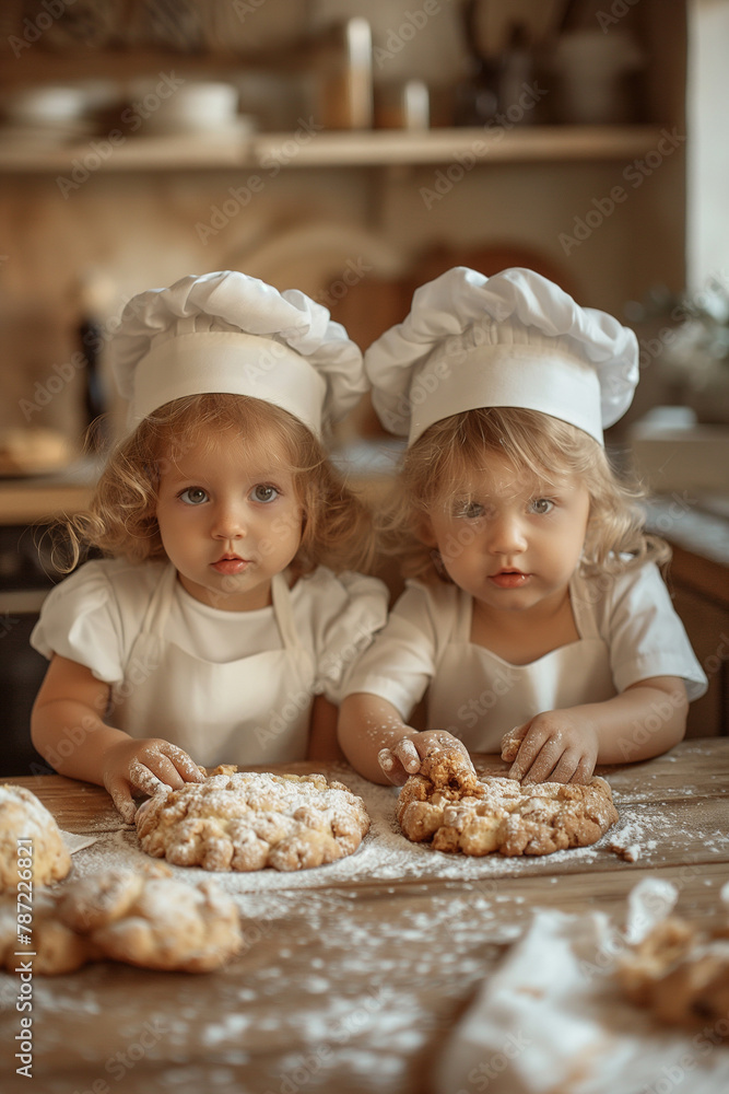 Children are having fun making bakery goods in the kitchen.