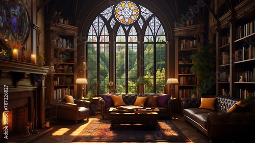  a regal Tudor-style library with oak bookshelves  stained glass windows  and a cozy reading nook by the fireplace 