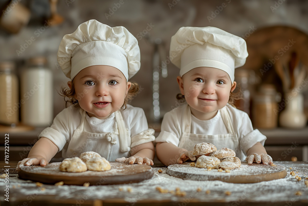 Children are having fun making bakery goods in the kitchen. Children are having fun making bakery goods in the kitchen.