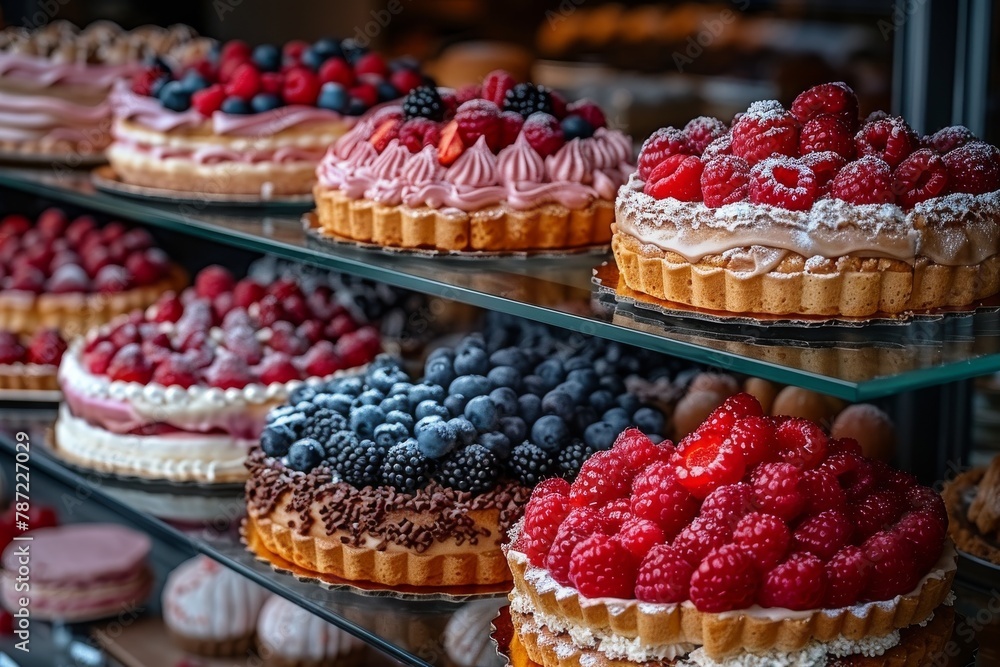 Overhead view of assorted berry tarts, beautifully arranged and ready for purchase in a dessert shop