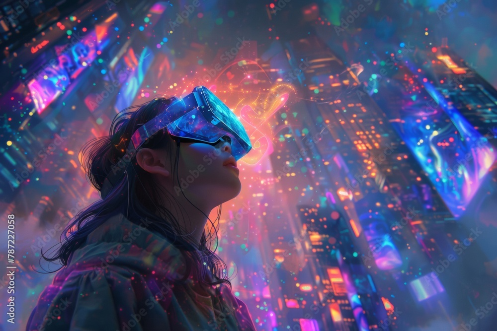 Fototapeta premium A woman immersed in virtual reality with a headset on, exploring a digital environment.