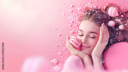 Contemporary art collage of woman lying into pink yummy macaroon isolated over pink background Delicious french dessert Concept of creativity artwotk food inspiration Copy space for ad : Generative AI photo