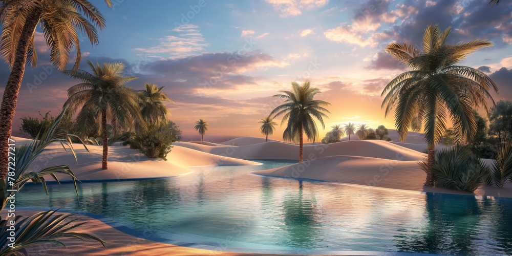 A serene digital illustration of an oasis with rich palm trees, gentle water, and smooth desert dunes under a sunset sky, symbolizing peace and refuge